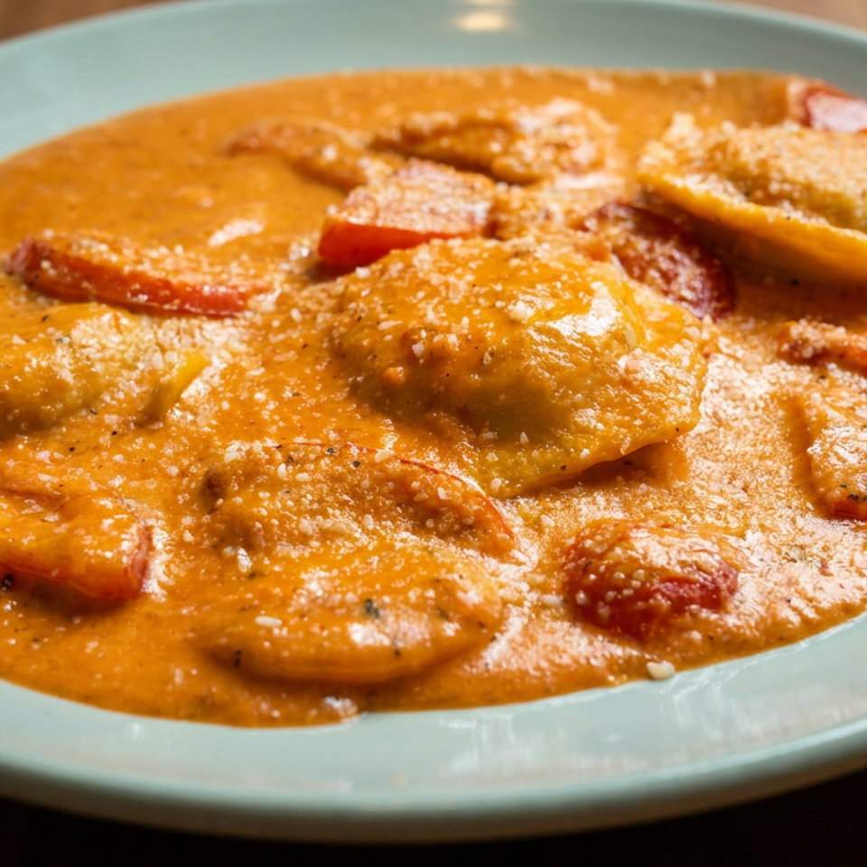 Plate of ravioli topped with creamy tomato sauce and roasted red pepper pieces on a turquoise dish.