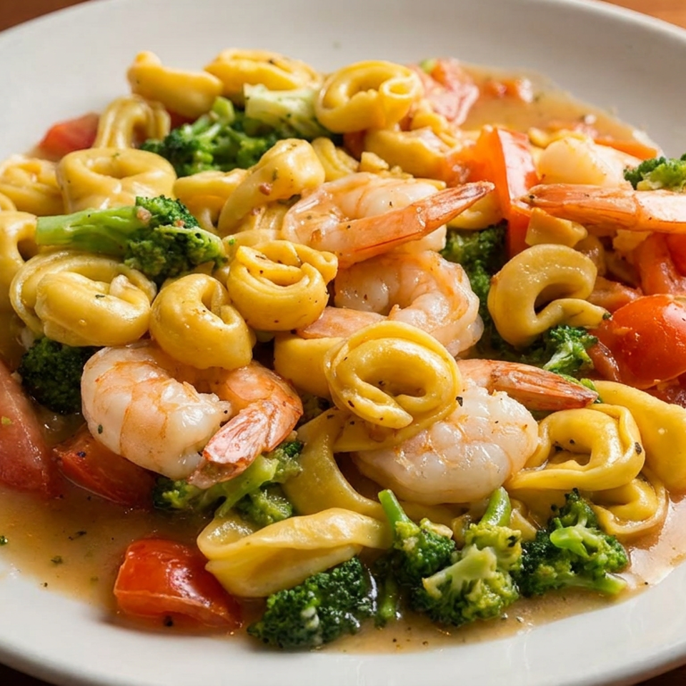 Plate of tortellini pasta with shrimp, broccoli, and cherry tomatoes in a light sauce.