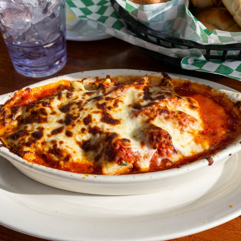 Baked lasagna topped with browned melted cheese in a white casserole dish, served on a wooden restaurant table with bread and iced water.