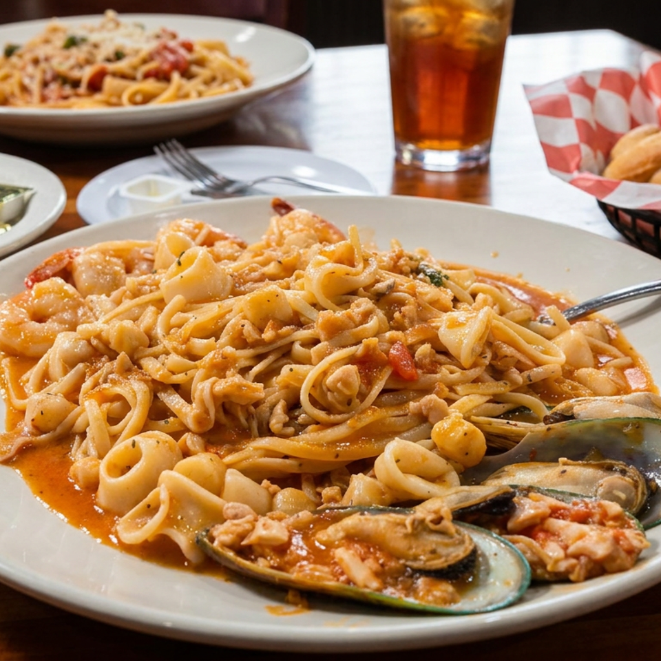 Seafood pasta with mussels and calamari served on a plate, accompanied by bread, iced tea, and condiments at a restaurant table.